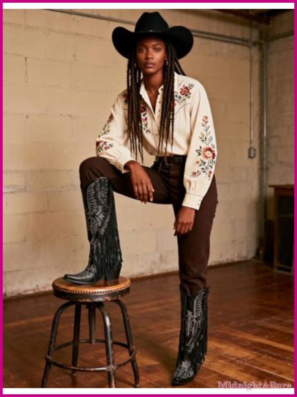 Fringe Cowgirl Boots Embroidered Studded Pointed Toe Chunky Heel Western Knee - Picture 5 of 6